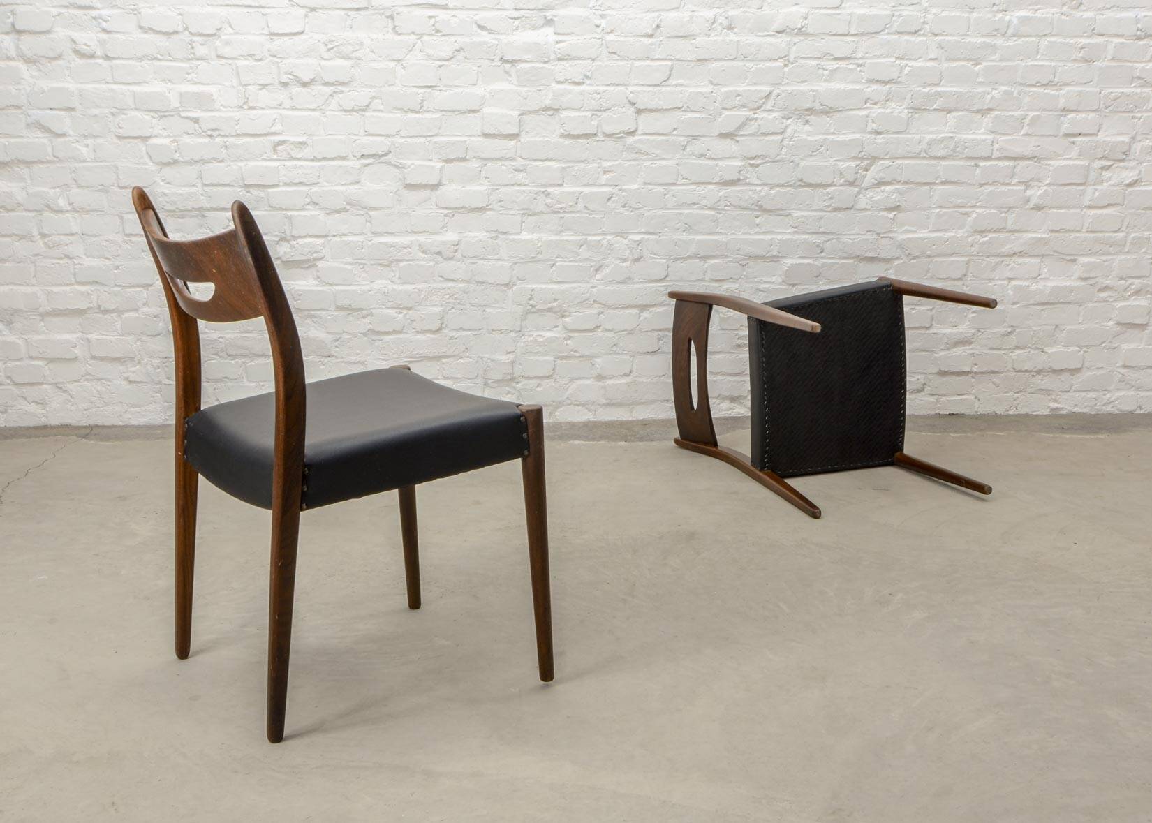 Teak and Black Leatherette Vintage Design Dining Chairs, 1960s