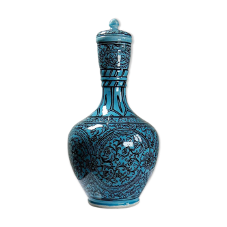 Covered vase or Persian jar, glazed pottery, vintage turquoise Iznik painted.
