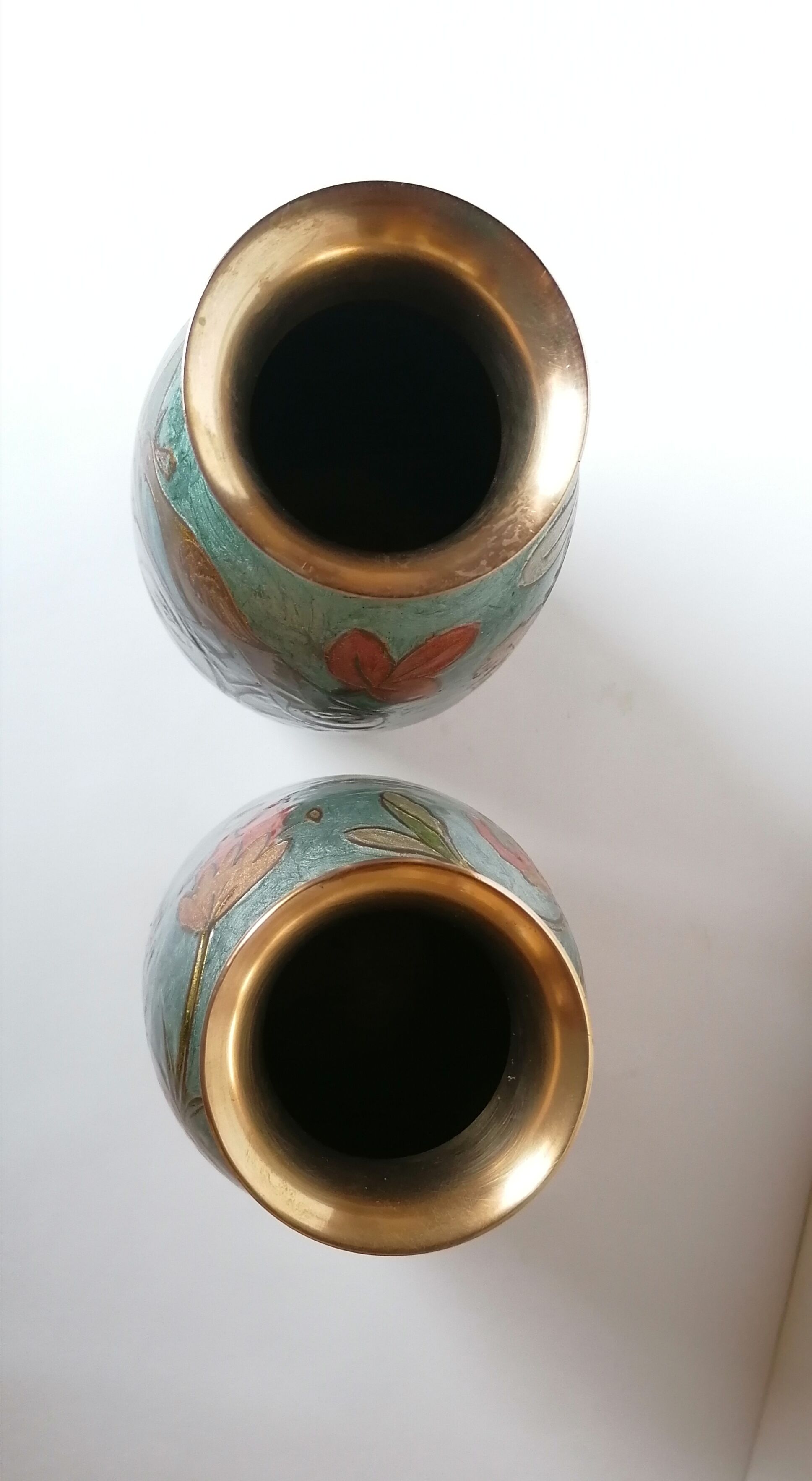 Pair of enamelled brass vases