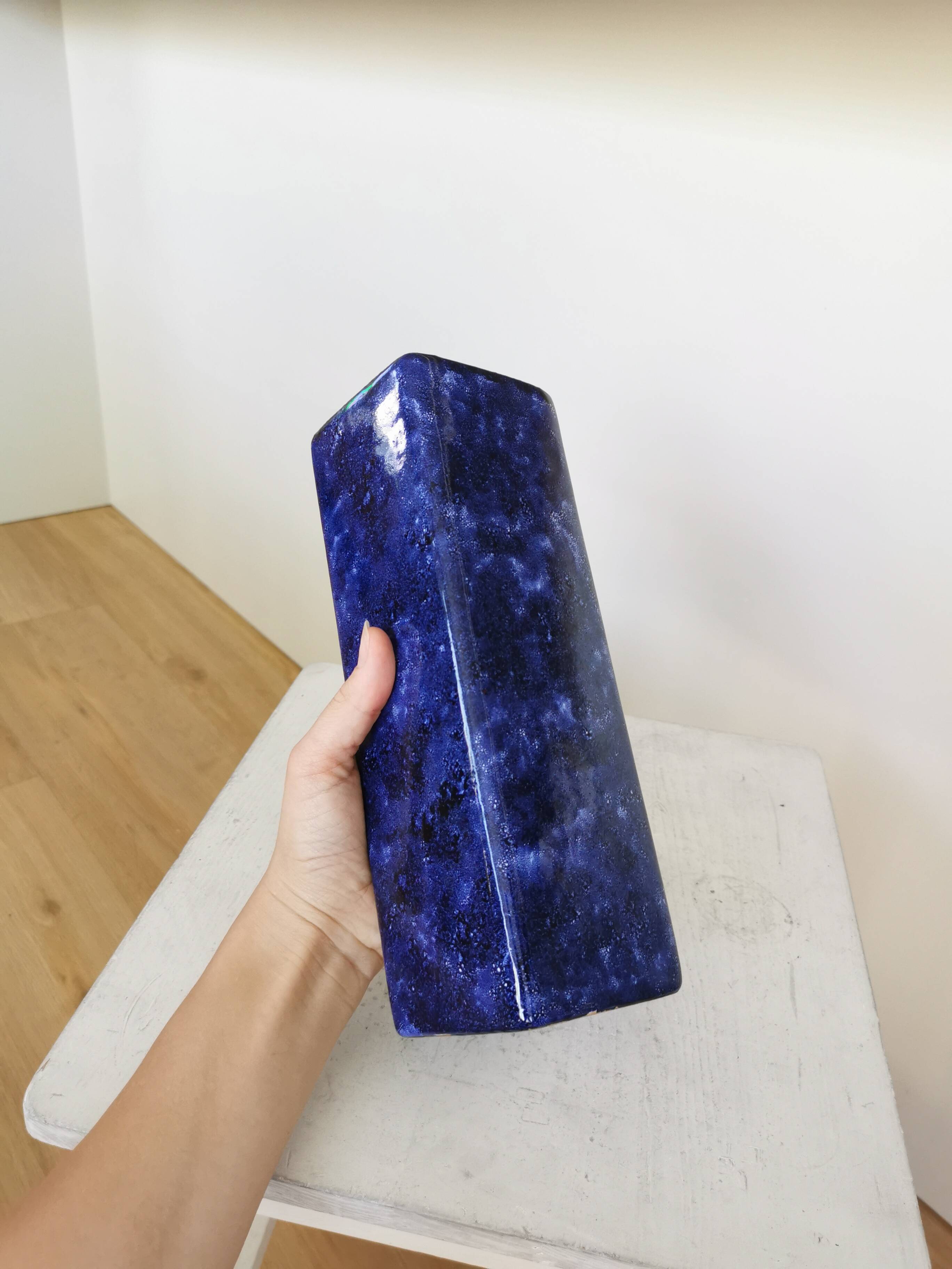 Vintage Blue Ceramic Vase: Hand-Painted Galaxy Glaze, 1970s Home Decor