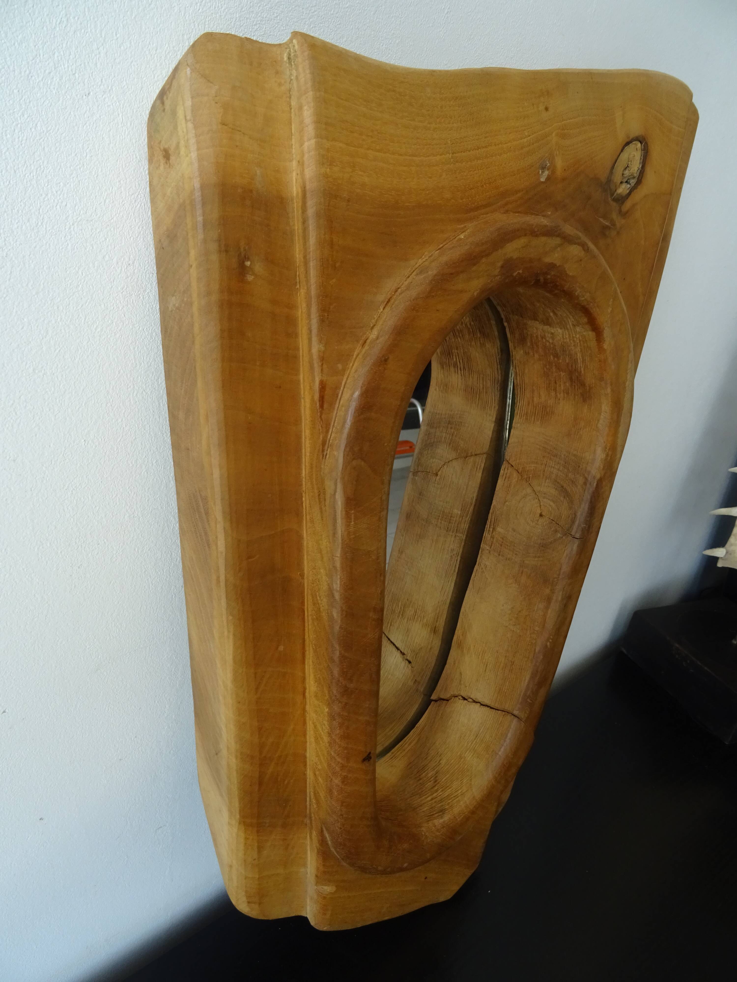 Brutalist free-form solid wood mirror from the 70s