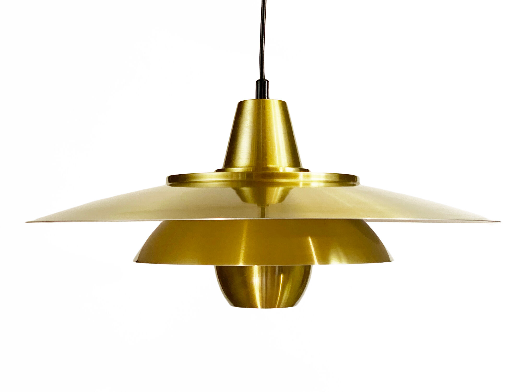 Large brushed aluminum pendant light with golden finish. Produced by Jeka. Denmark 1970s