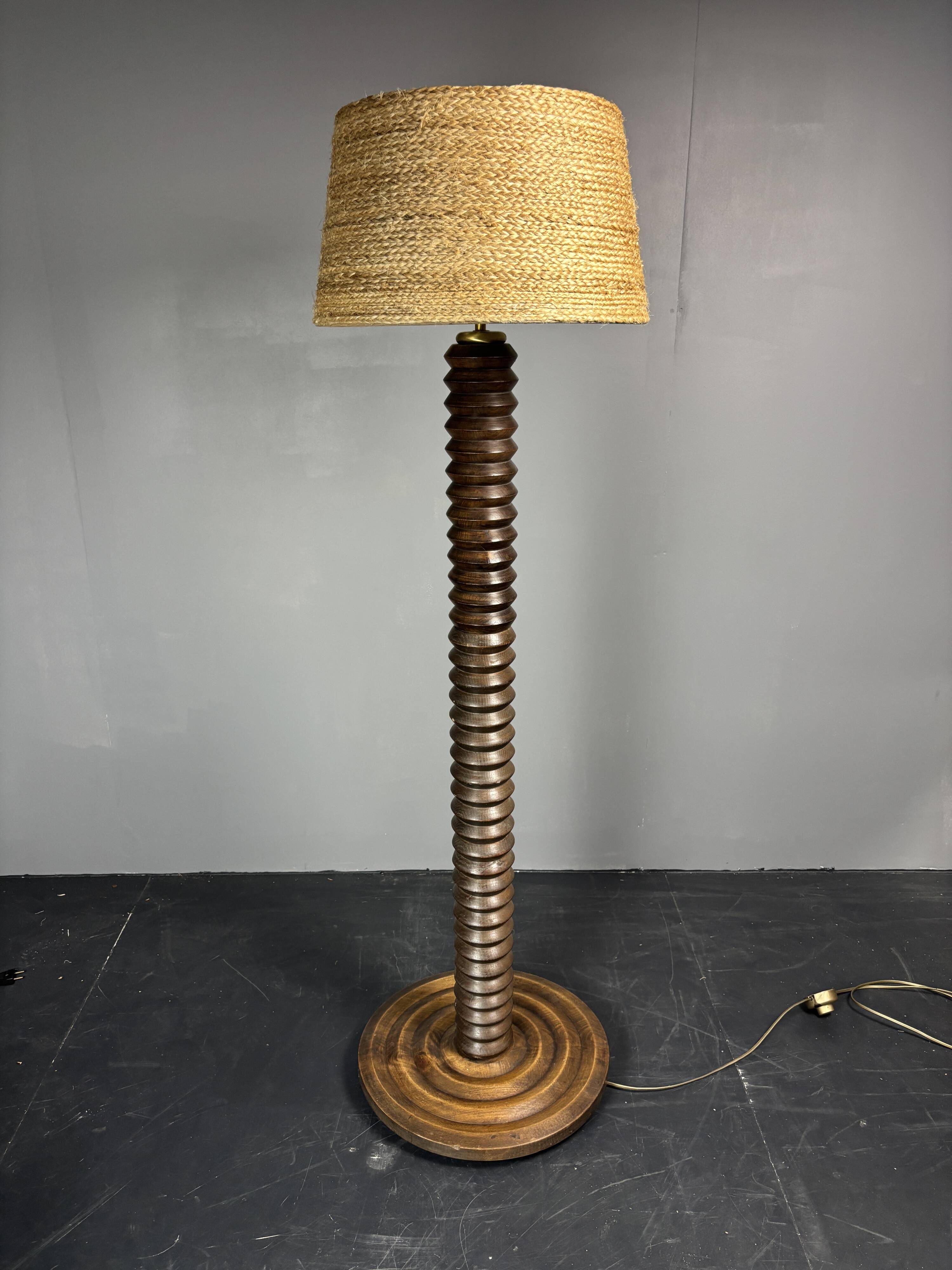 Midcentury brutalist chunky wood turned floor lamp, Charles Dudouyt style.