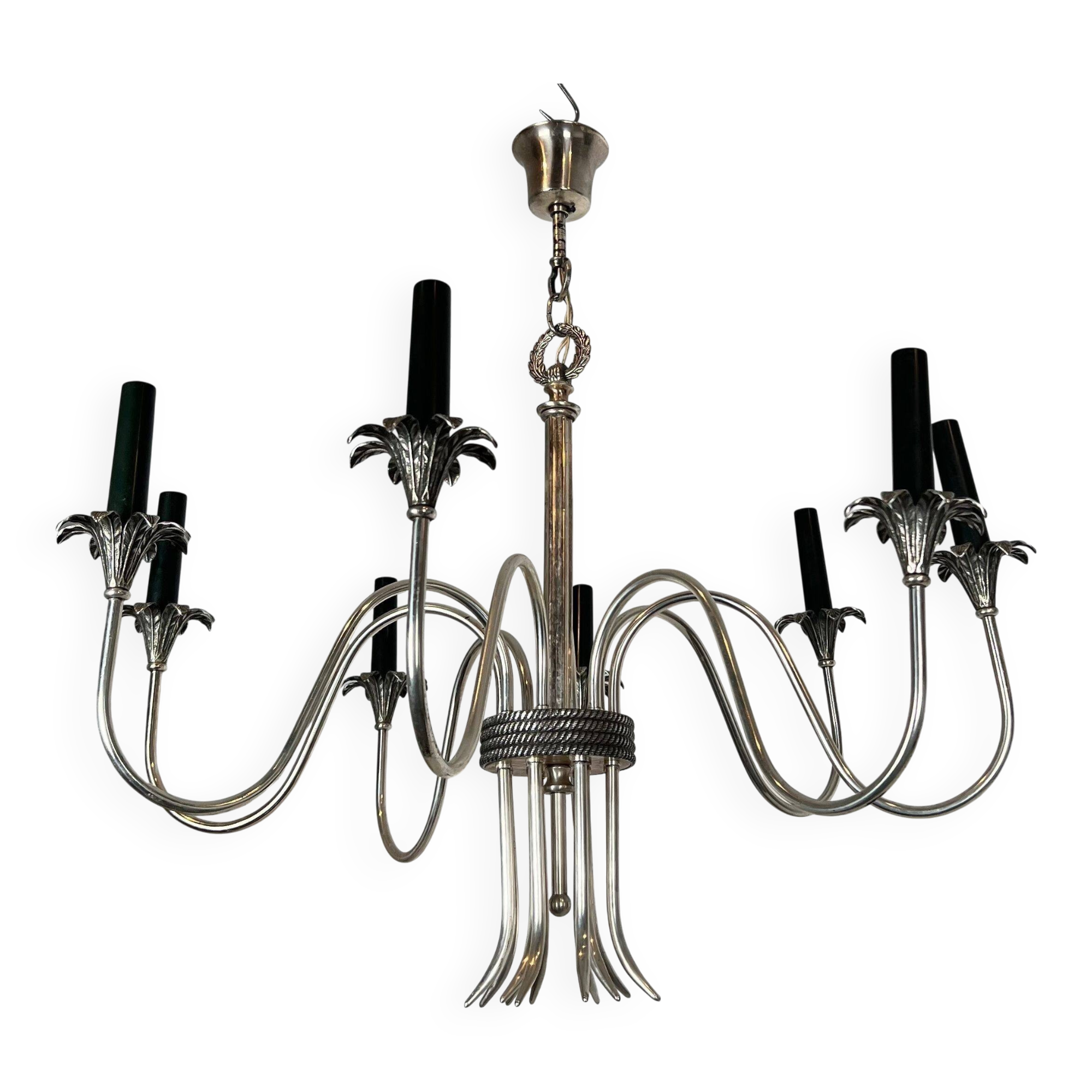 Neoclassical style chandelier in silver-plated metal by the house of Charles.