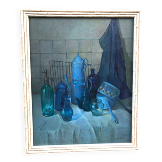 still life with bottles and pans