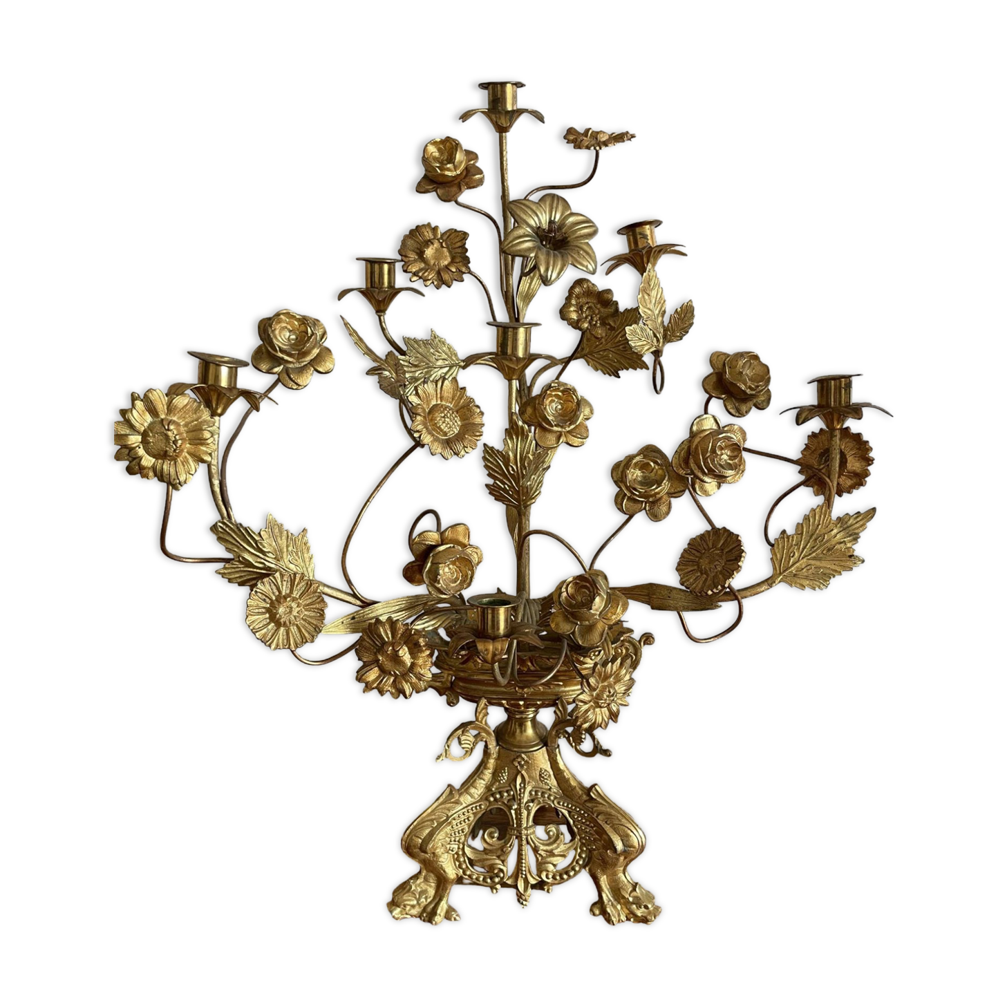 Brass church candelabra with fleur-de-lys