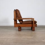 Midcentury Modern Brutalist Lounge Chair In Oak And Leather, Italy 1970s