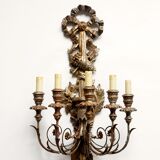 Large pair of wall light with 5 arms of light in gilded, silver and patinated wood