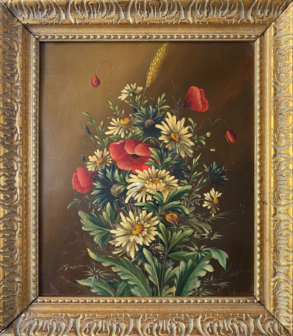Tableaux XIX° pendant HSP acajou ''Bouquet de fleurs'' signés Vincent + cadre