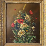 Tableaux XIX° pendant HSP acajou "Bouquet de fleurs" signés Vincent + cadre