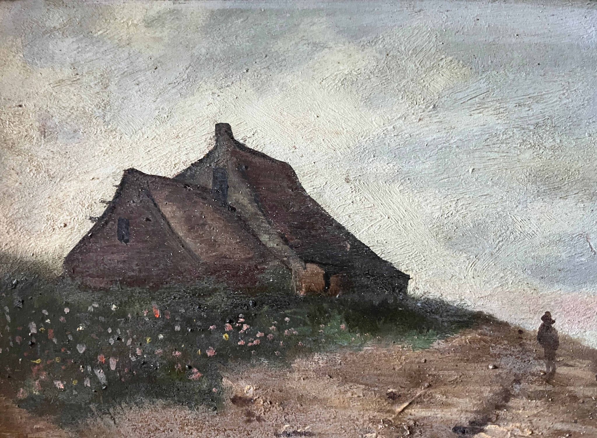 HST painting "Bord de mar" Animated seascape with thatched cottage signed Bilson XIX° + frame