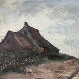 HST painting "Bord de mar" Animated seascape with thatched cottage signed Bilson XIX° + frame