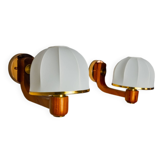 Pair of regency wall lights, pine and stretched canvas, Italy, 1970