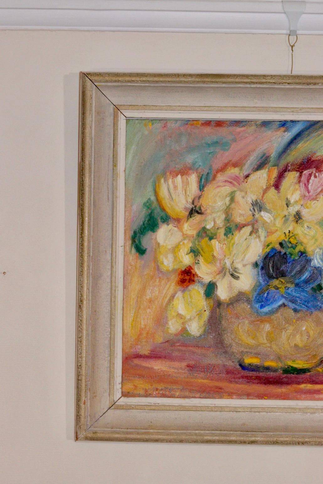 Original Swedish mid-century oil painting on panel "Flowers"