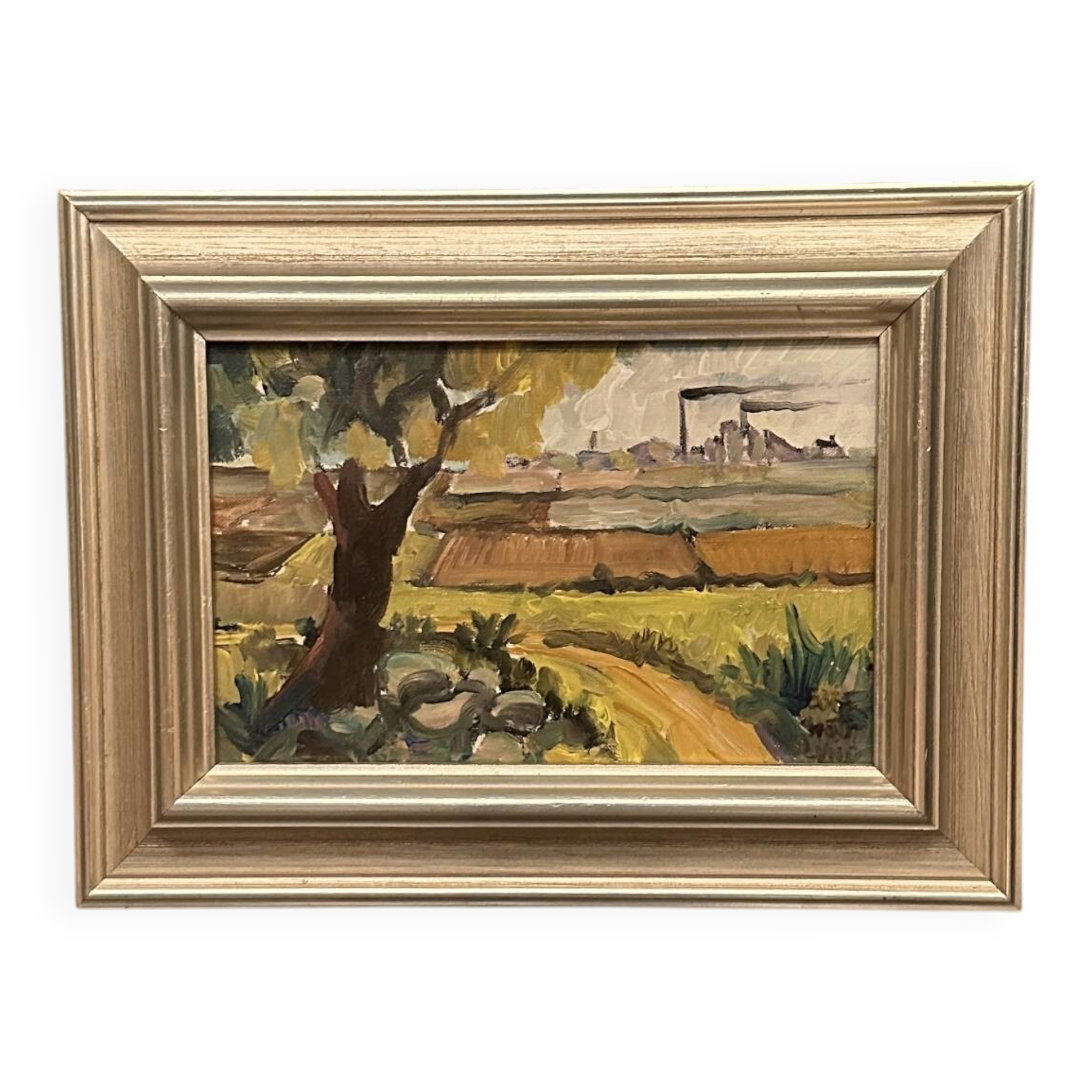 Original Swedish Oil on Canvas – "Industrial Landscape" – Signed – Vintage and Framed