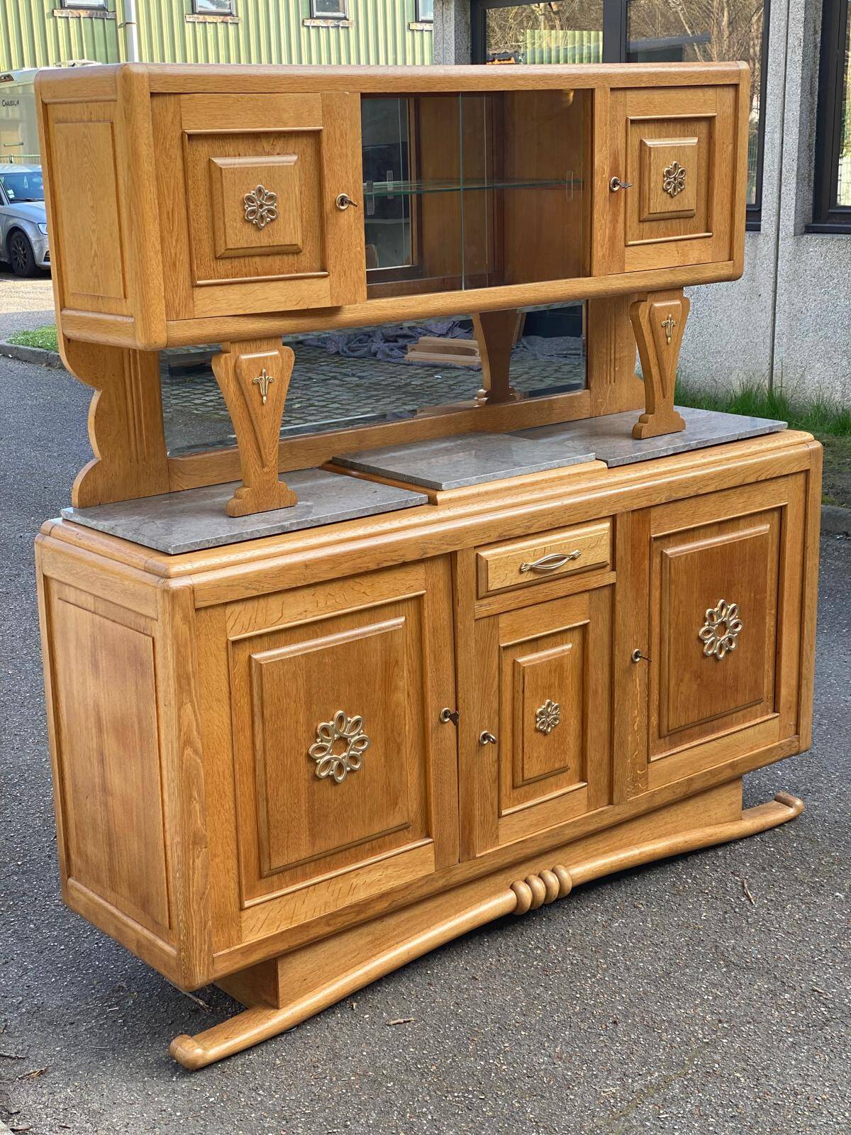 Parisian Art Deco sideboard with 2 sections in solid oak and marble, 1940