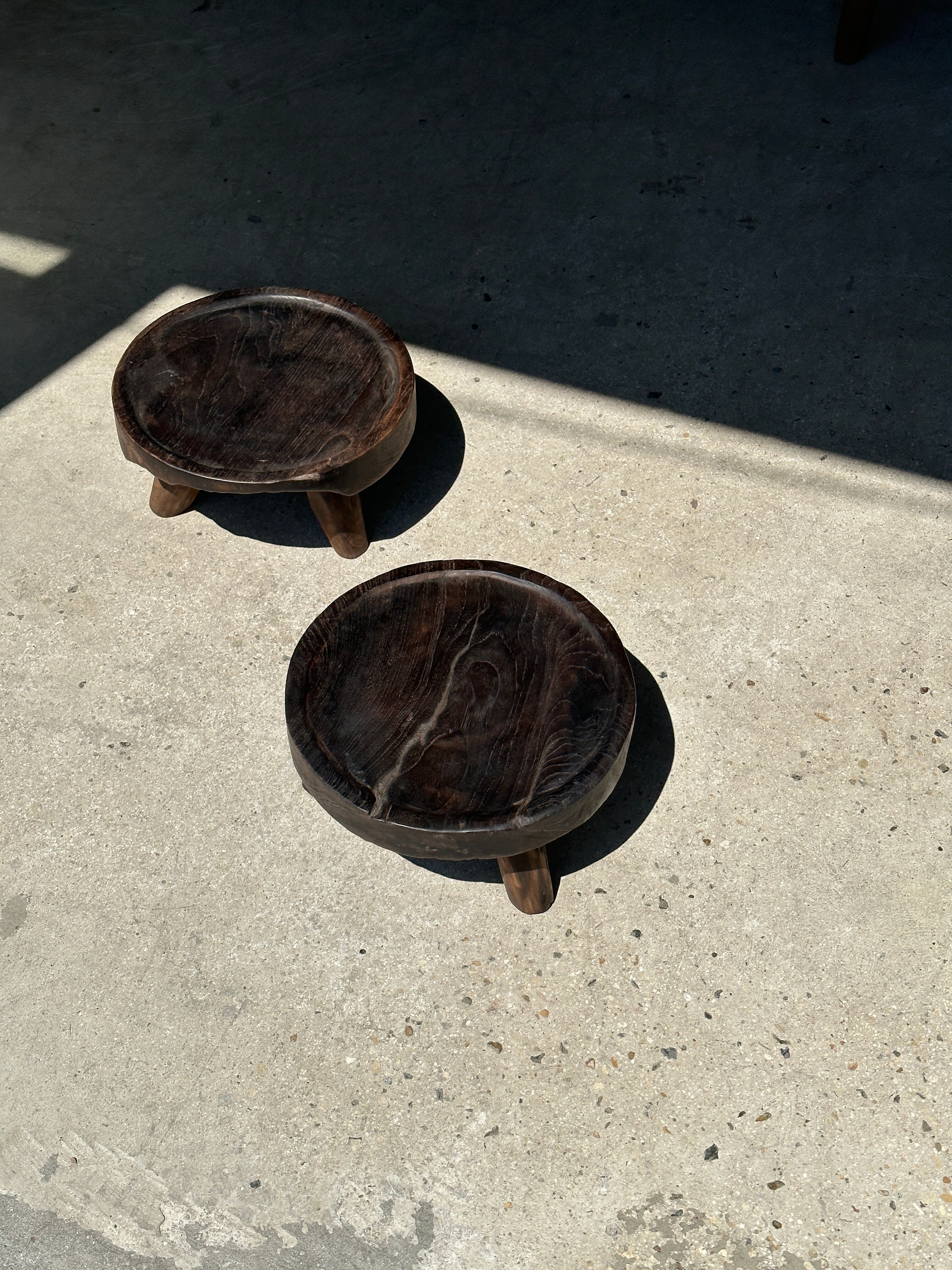 Small tripod stool low in dark brown upcycled teak