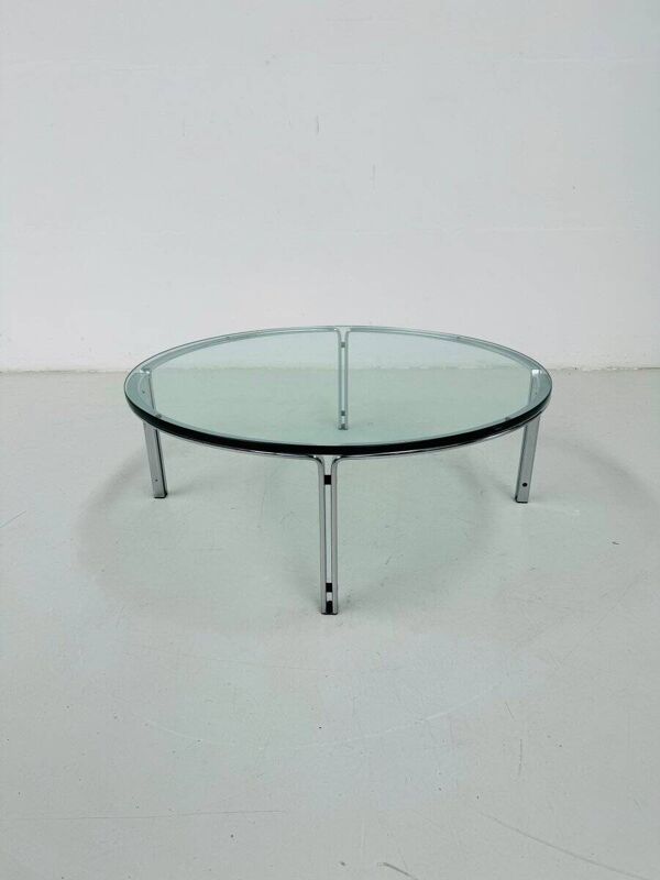 Table basse ronde vintage en verre et acier, signée Horst Brüning pour Kill International, années 1960
