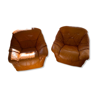 Caramel coloured leather armchairs 80's