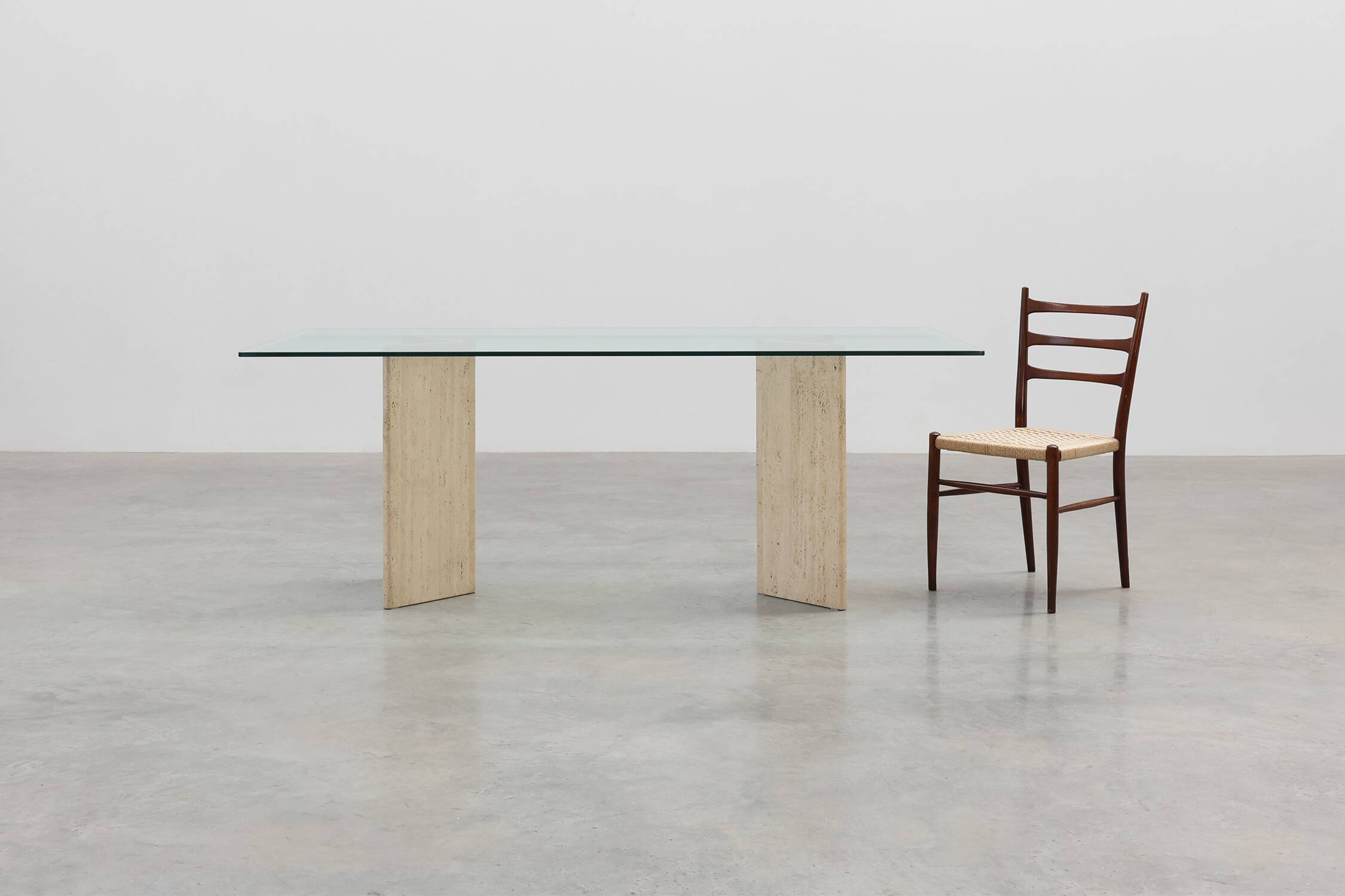 Mid‑Century Italian Dining Table with Glass Top and Travertine Base, 1970s