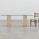 Mid‑Century Italian Dining Table with Glass Top and Travertine Base, 1970s
