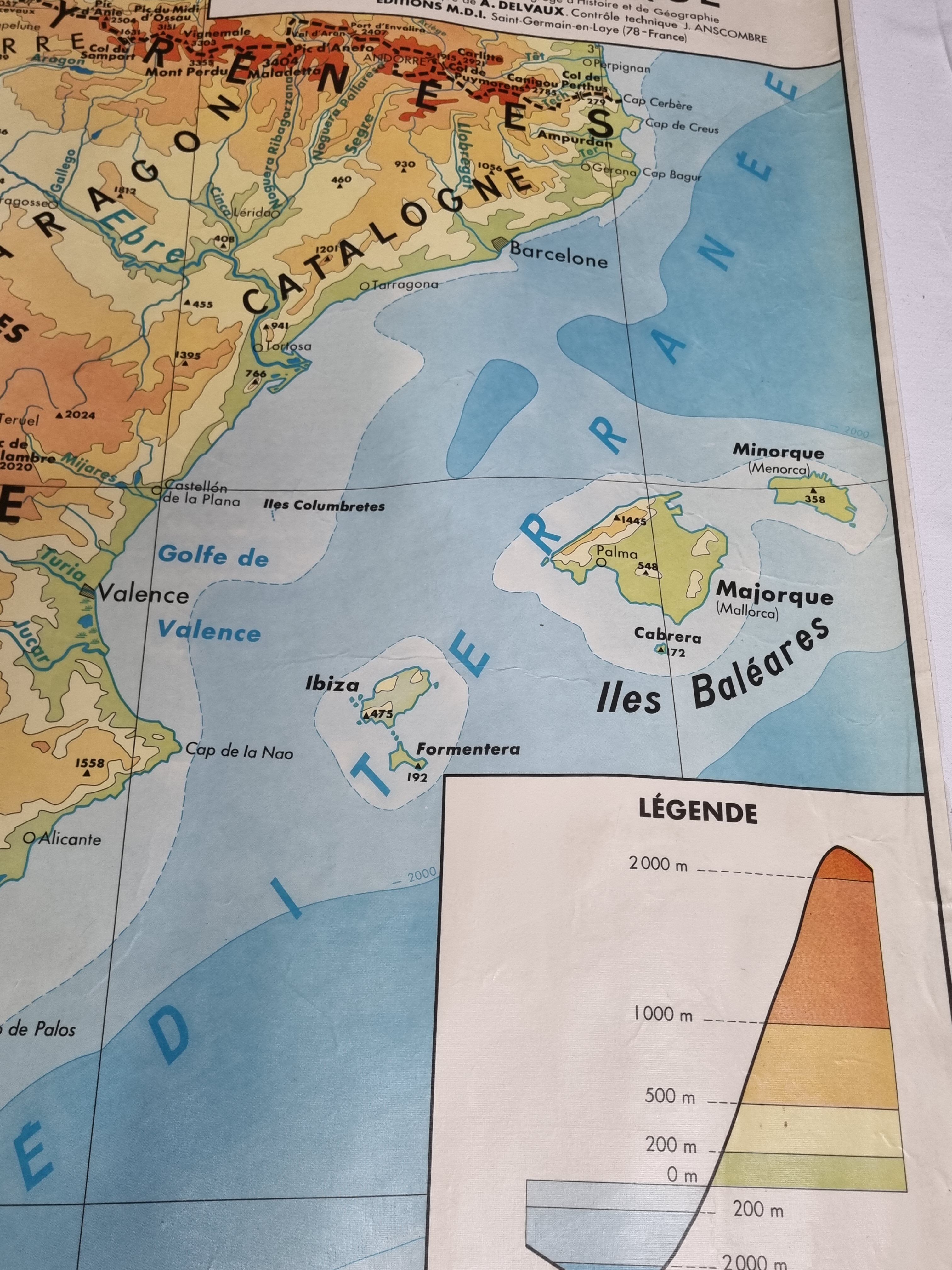 MDI Pedagogical Map, 1966, physical map of the Iberian Peninsula