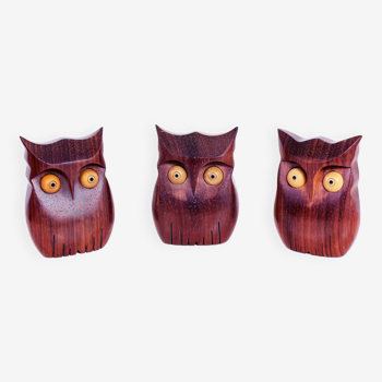 Set of 3 teak owls