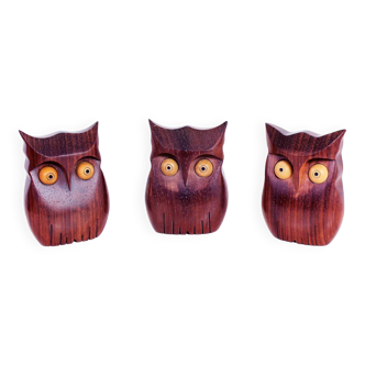 Set of 3 teak owls