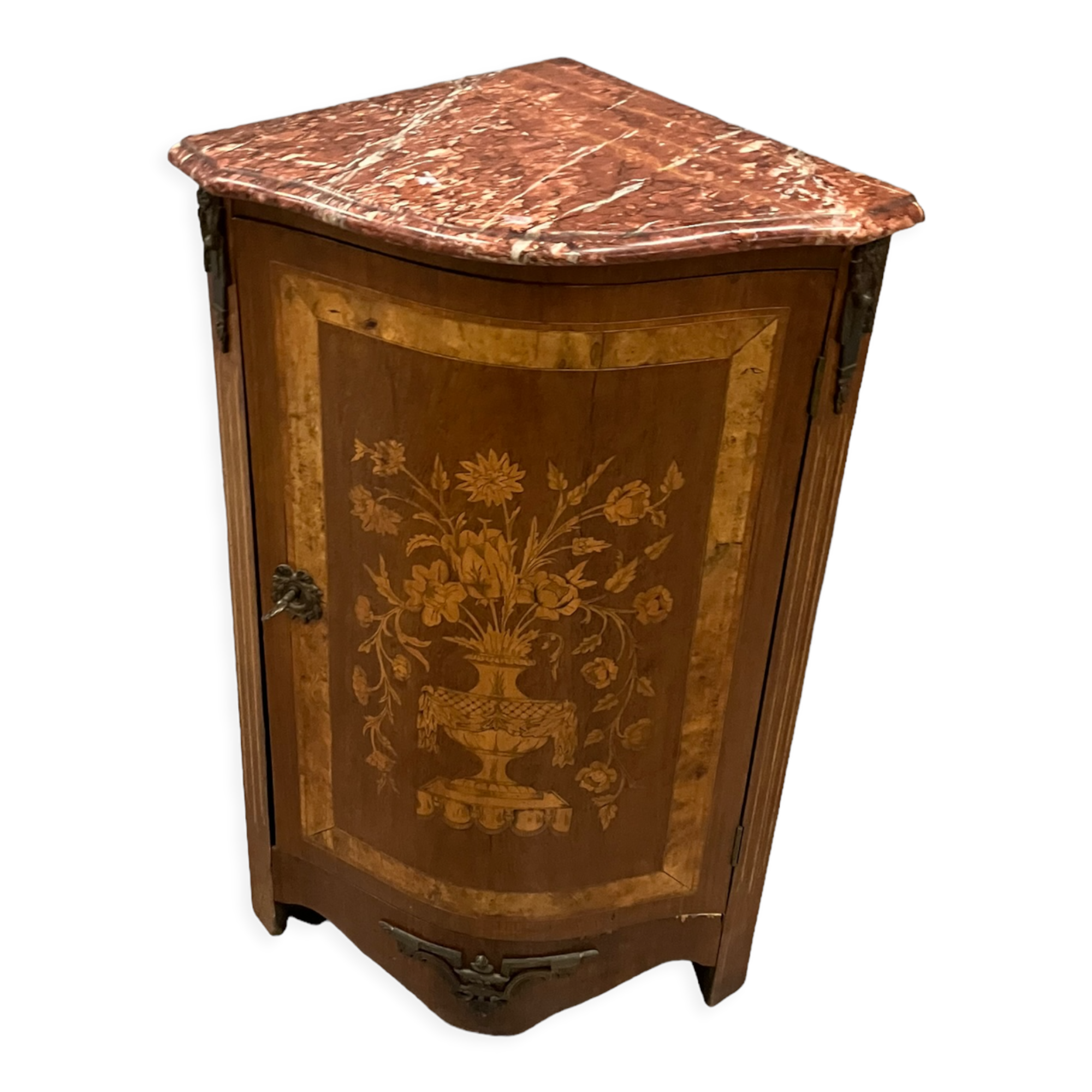 Buffet d'encoignure décor marqueté au vase fleuri de style Louis XVI