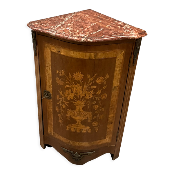 Buffet d'encoignure décor marqueté au vase fleuri de style Louis XVI