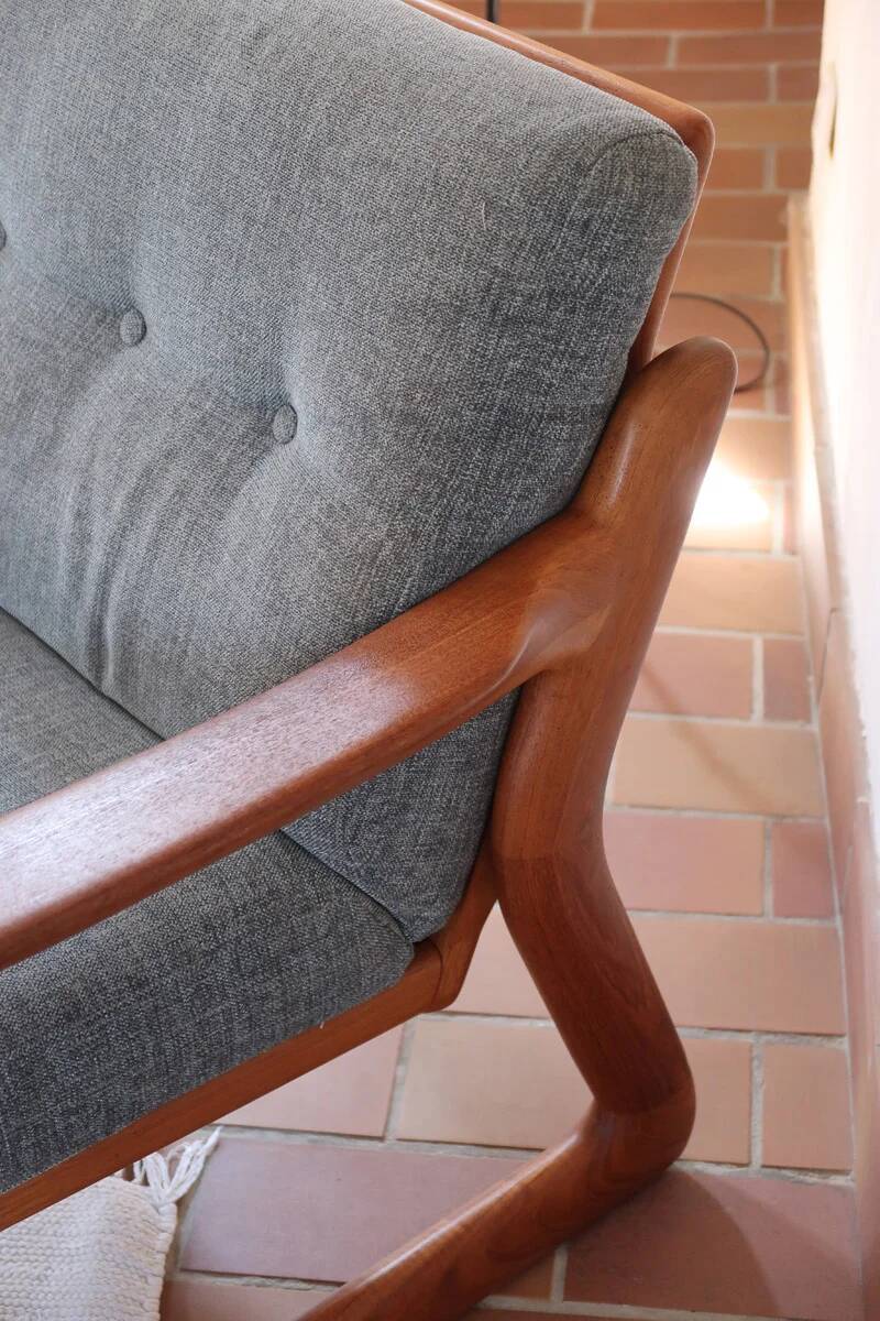 Scandinavian armchair in teak Komfor, blue-grey fabric, 1960s, sled base (2 available)