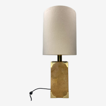 Cork and brass table lamp, bouclé shade. Leola Design Germany 1970s