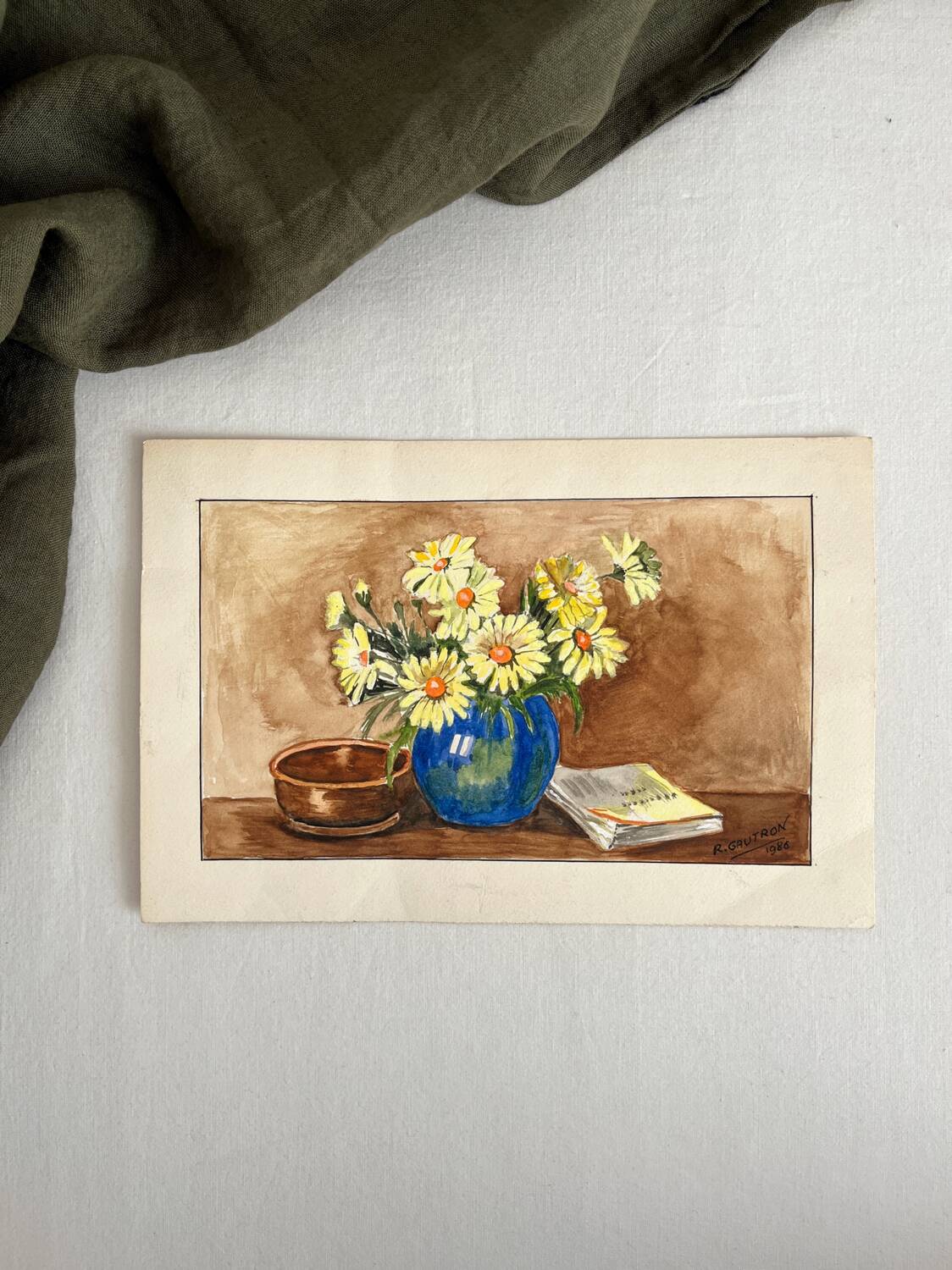 Small watercolor bouquet of yellow flowers signed Gautron 1986
