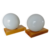 Pair of Scandinavian "nordic" wall lights in pine and opaline, 1980s.