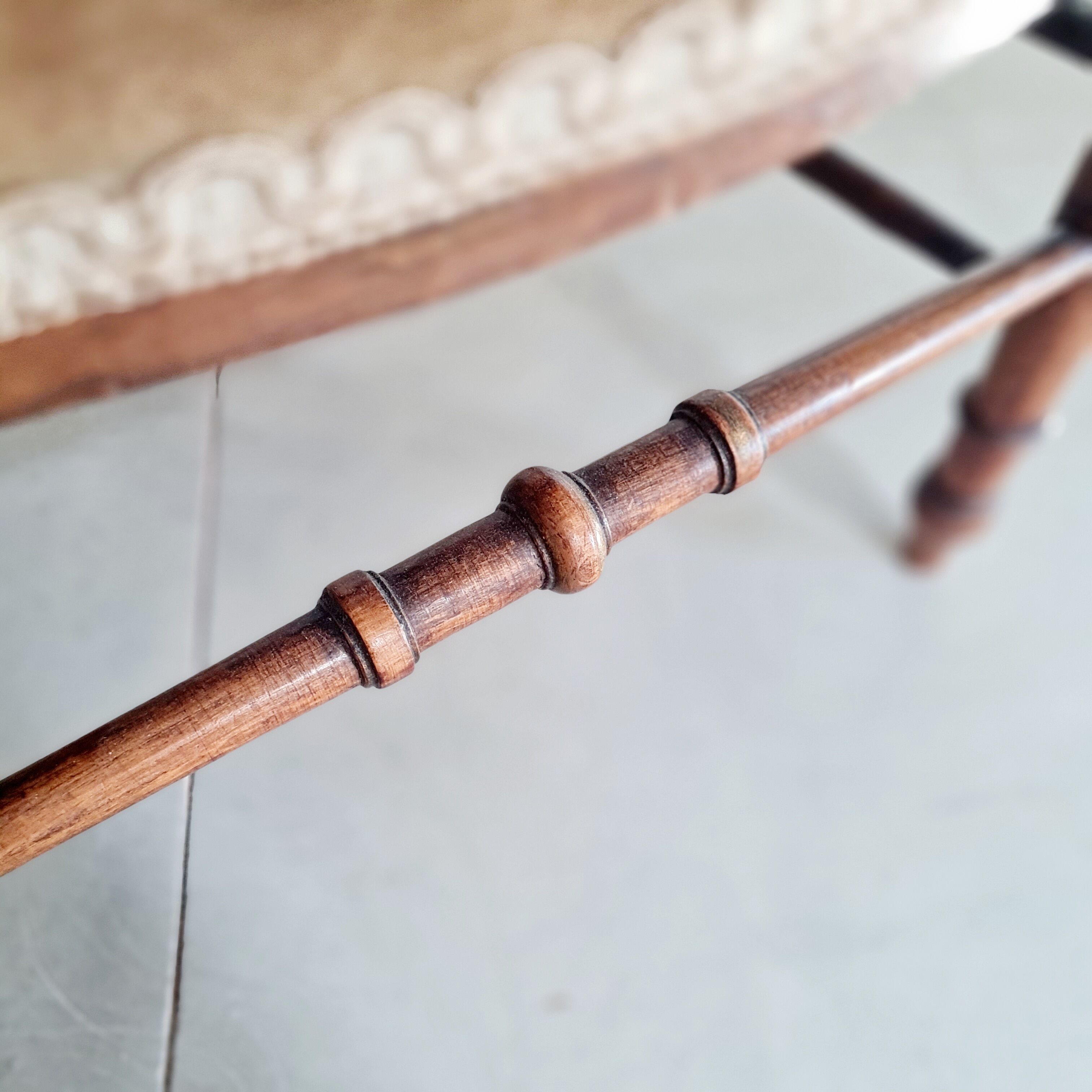 Antique chair turned wood sitting velvet flowers