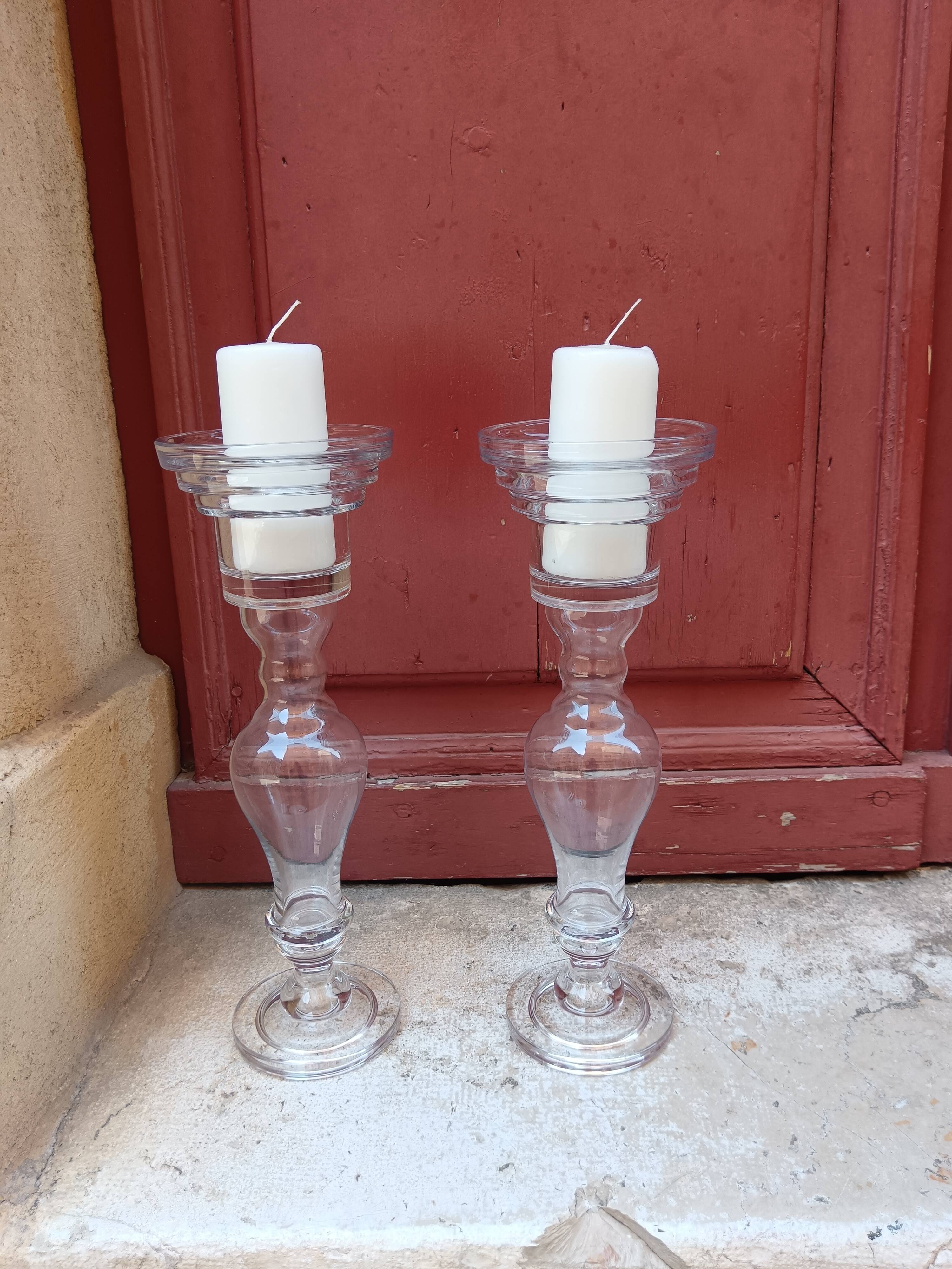 Pair of large glass candlesticks