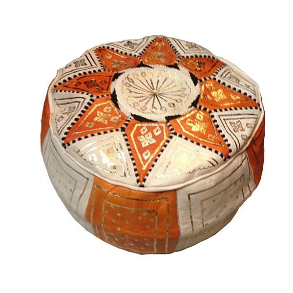 Hand-made orange leather Pouf Fes 40 x 25 cm