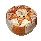 Hand-made orange leather Pouf Fes 40 x 25 cm