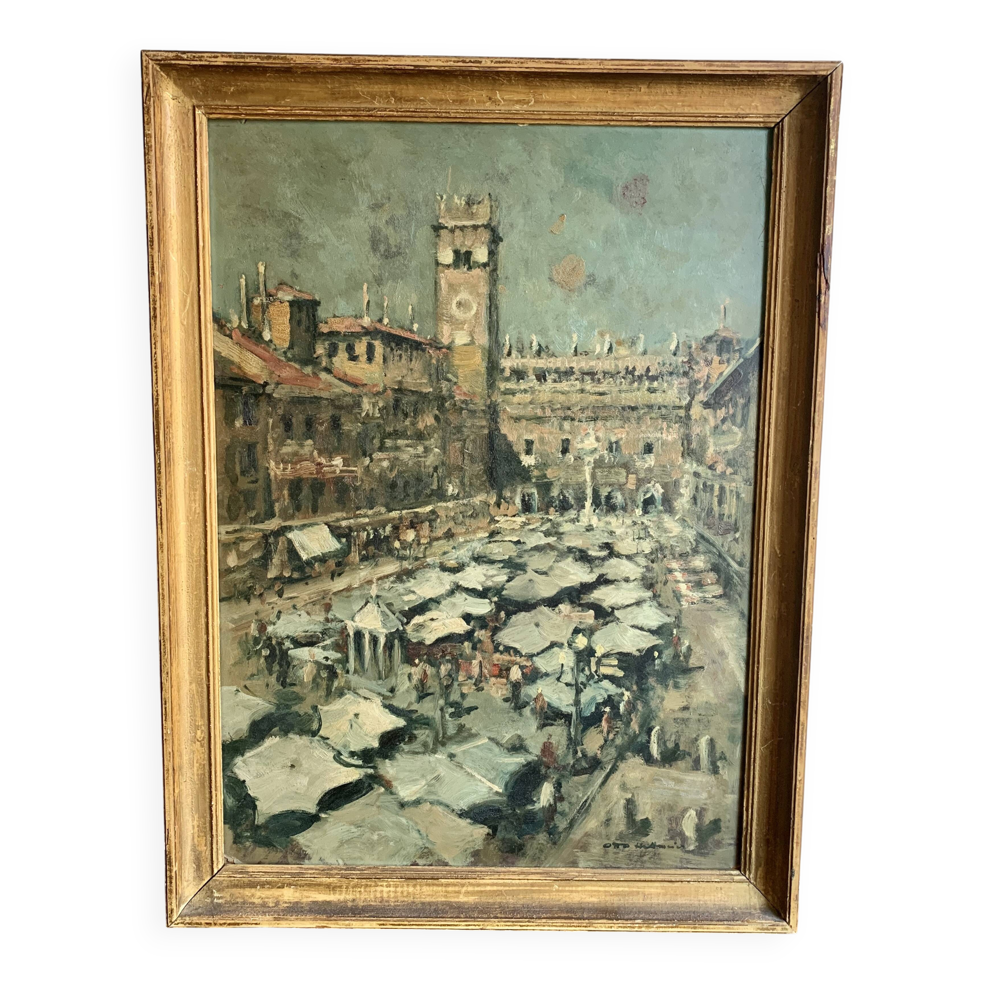 Vintage Oil Painting Italy  Market Scene