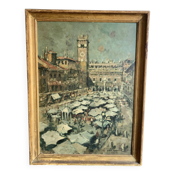 Vintage Oil Painting Italy  Market Scene