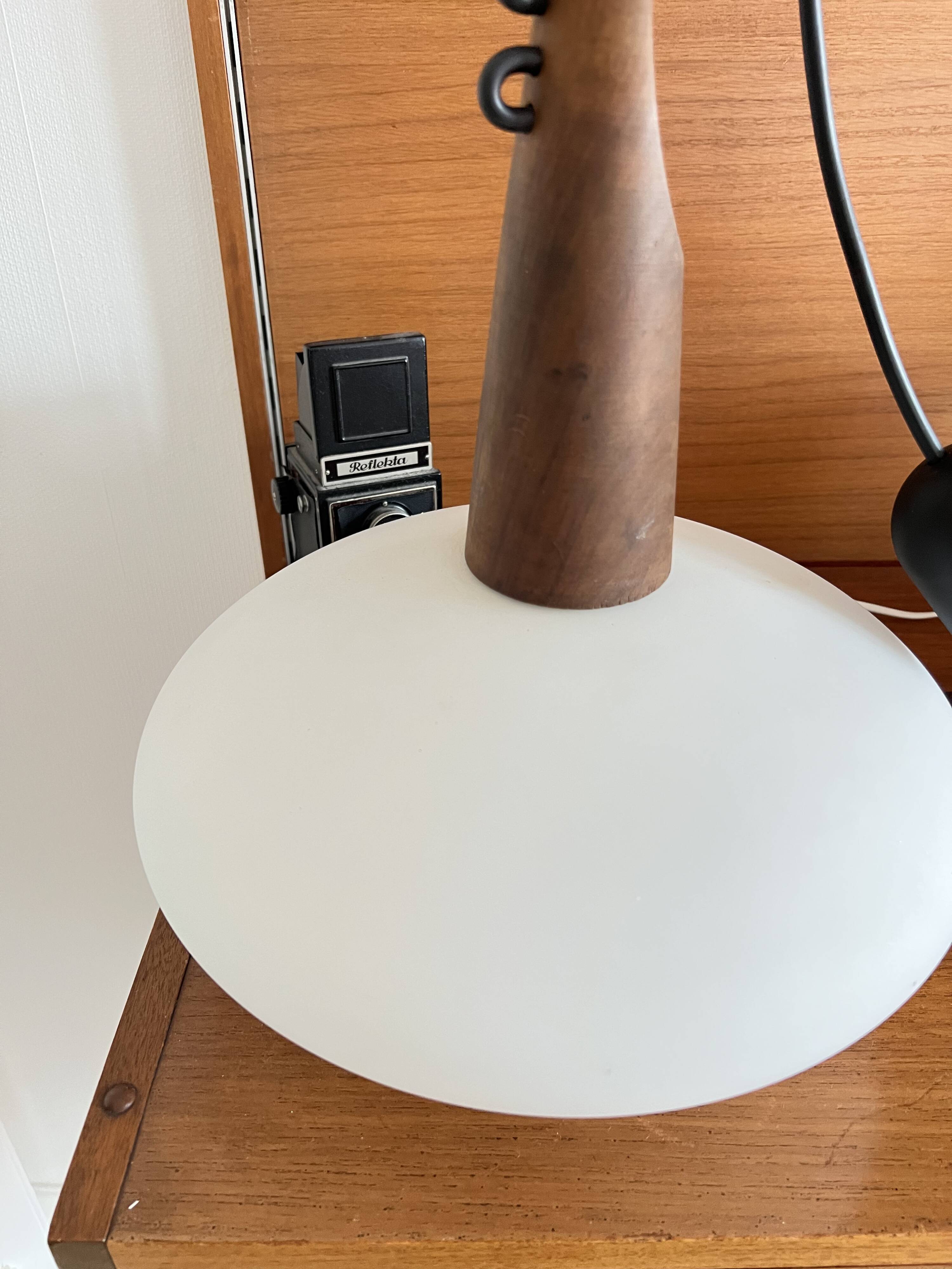 Pendant lamp in teak and opaline glass by Uno and Östen Kristiansson Luxus 50s