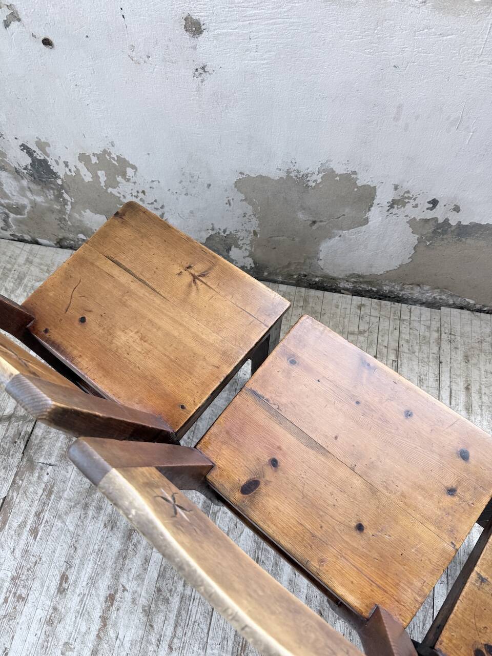 Set of 4 Savoyard pine folk art chairs from the 1950s.