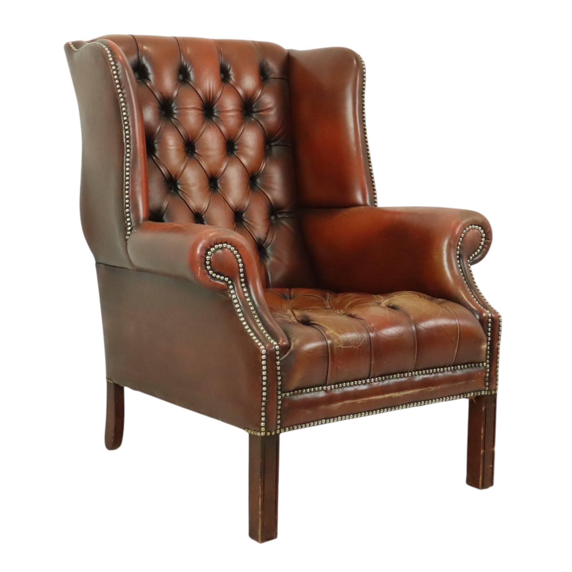 Antique Chesterfield armchair Brown leather wingback chair