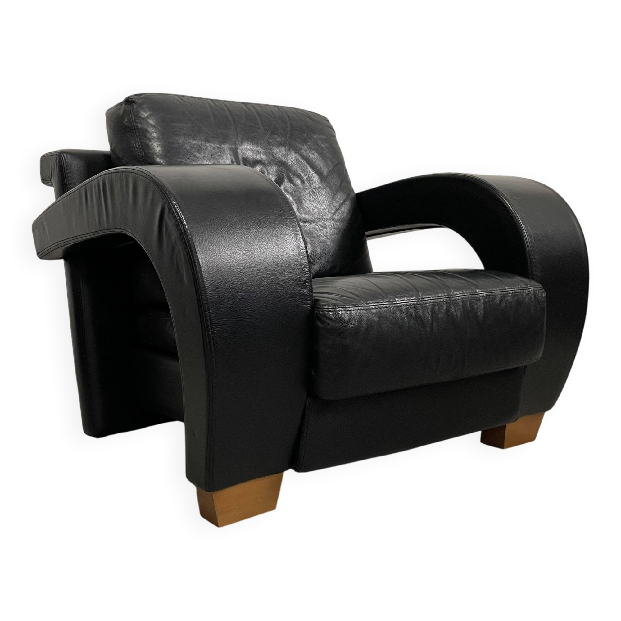 Vintage Streamline Black Leather Armchair, 1980/90s