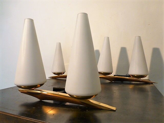 Set of 3 brass and teak Arlus wall light 1960