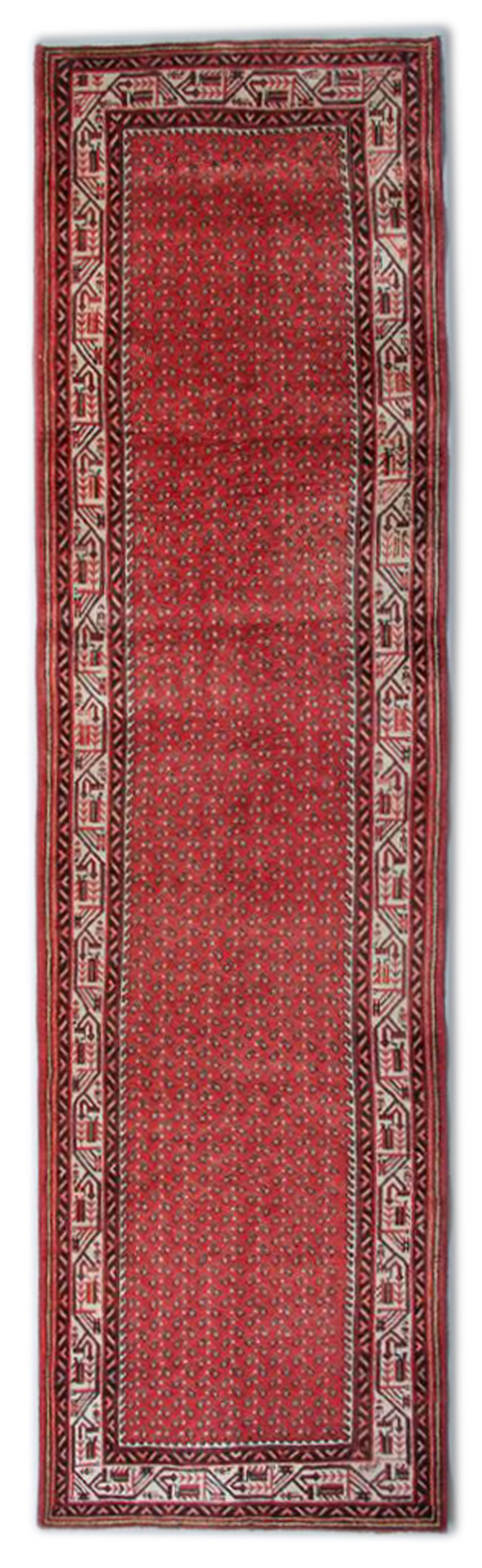 Red runner rug handwoven traditional oriental paisley wool carpet - 105x420cm