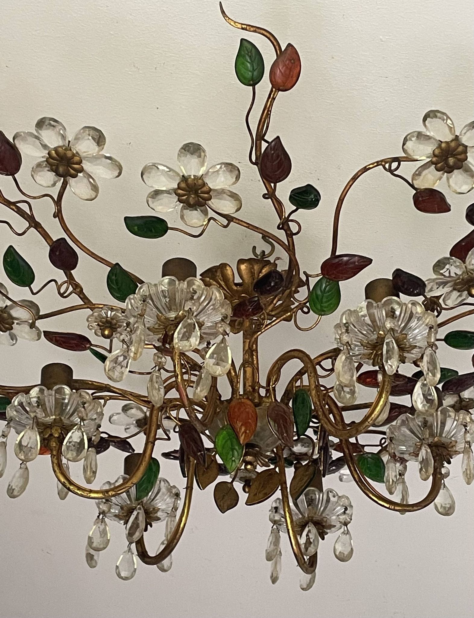 Floral chandelier Banci Firenze with 6 lights, coloured glass and gold metal.