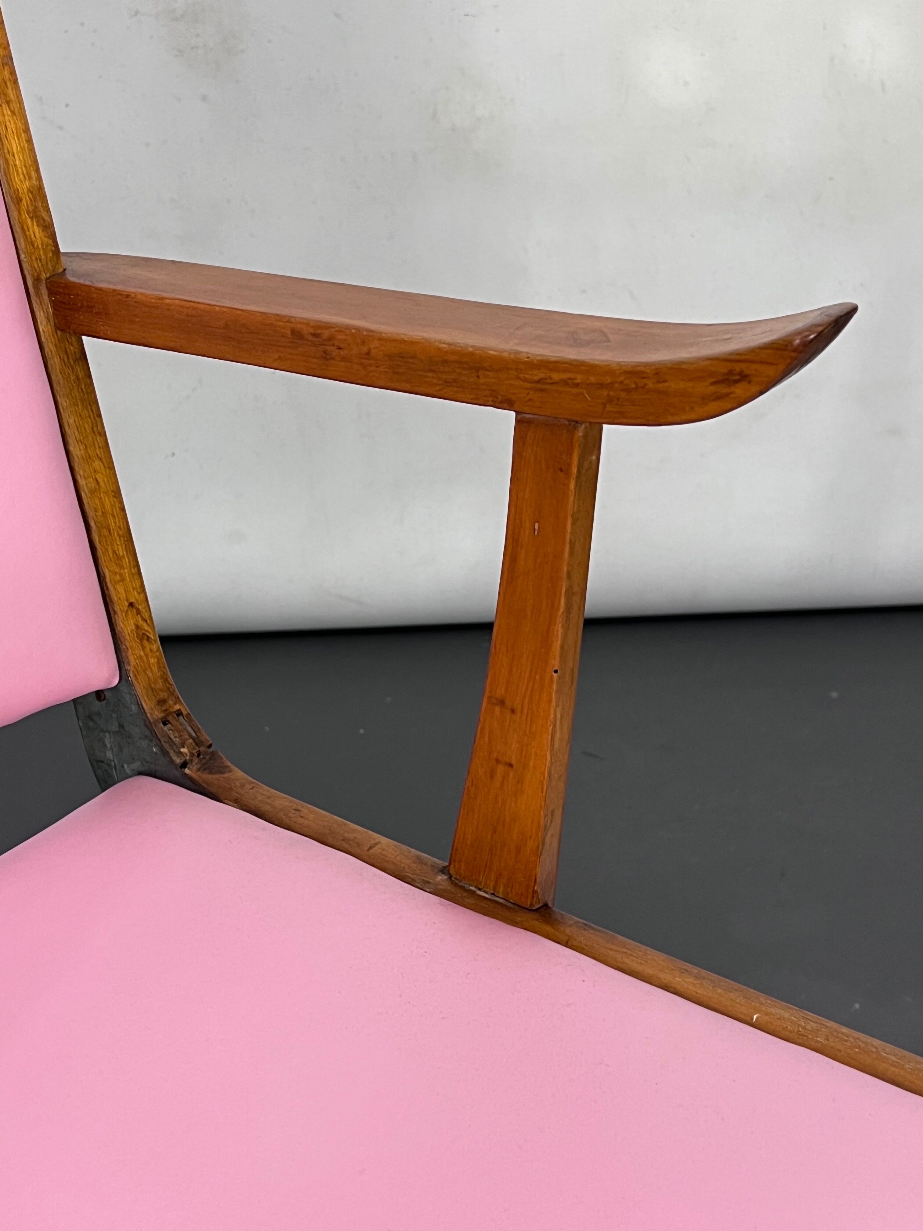Vintage Italian wood accent chair in pink leatherette. Italy 1950s