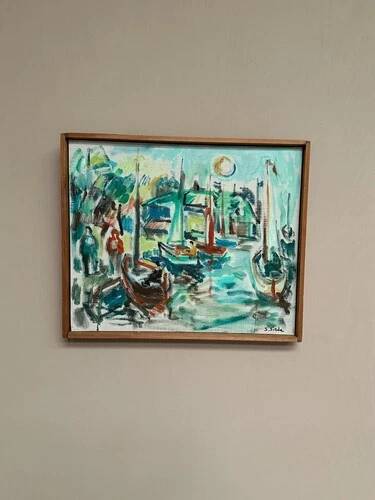Original Swedish Oil on Canvas" Harbor" By Sven Sinde, Vintage & Framed 47×38cm