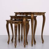Triptych Florentine Gold and Red Wood Italian nesting Tables, 1960
